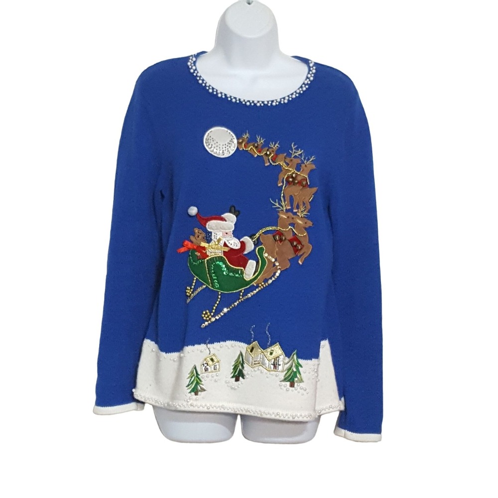 Sweater S Vintage Knit Holiday Christmas Blue Pullover Santa Sleigh Beads Bells